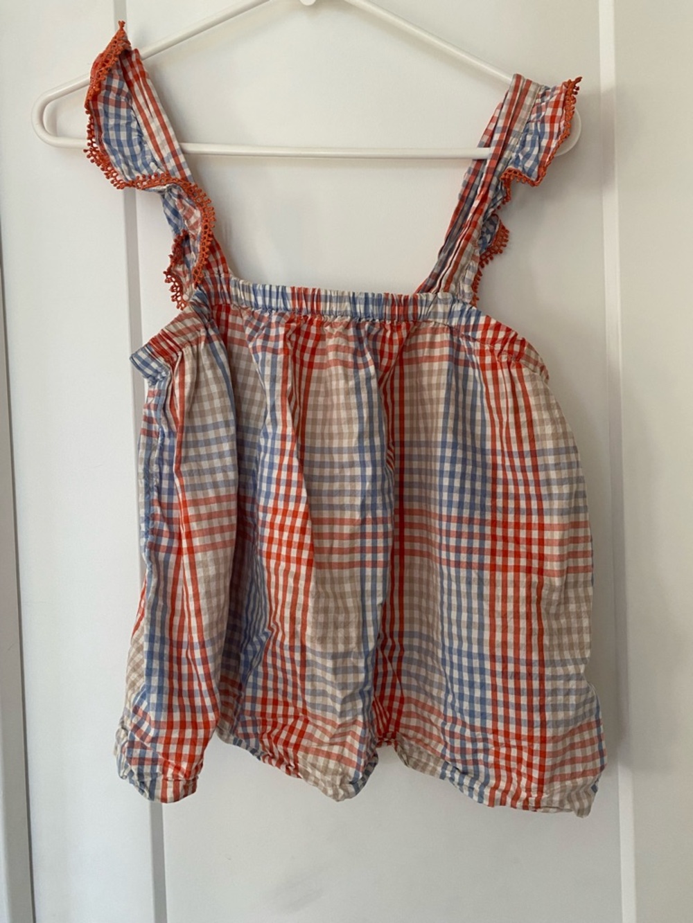 Loft Women’s Plaid Ruffle-Strap Sleep Tank Top in Red, Blue, and Cream